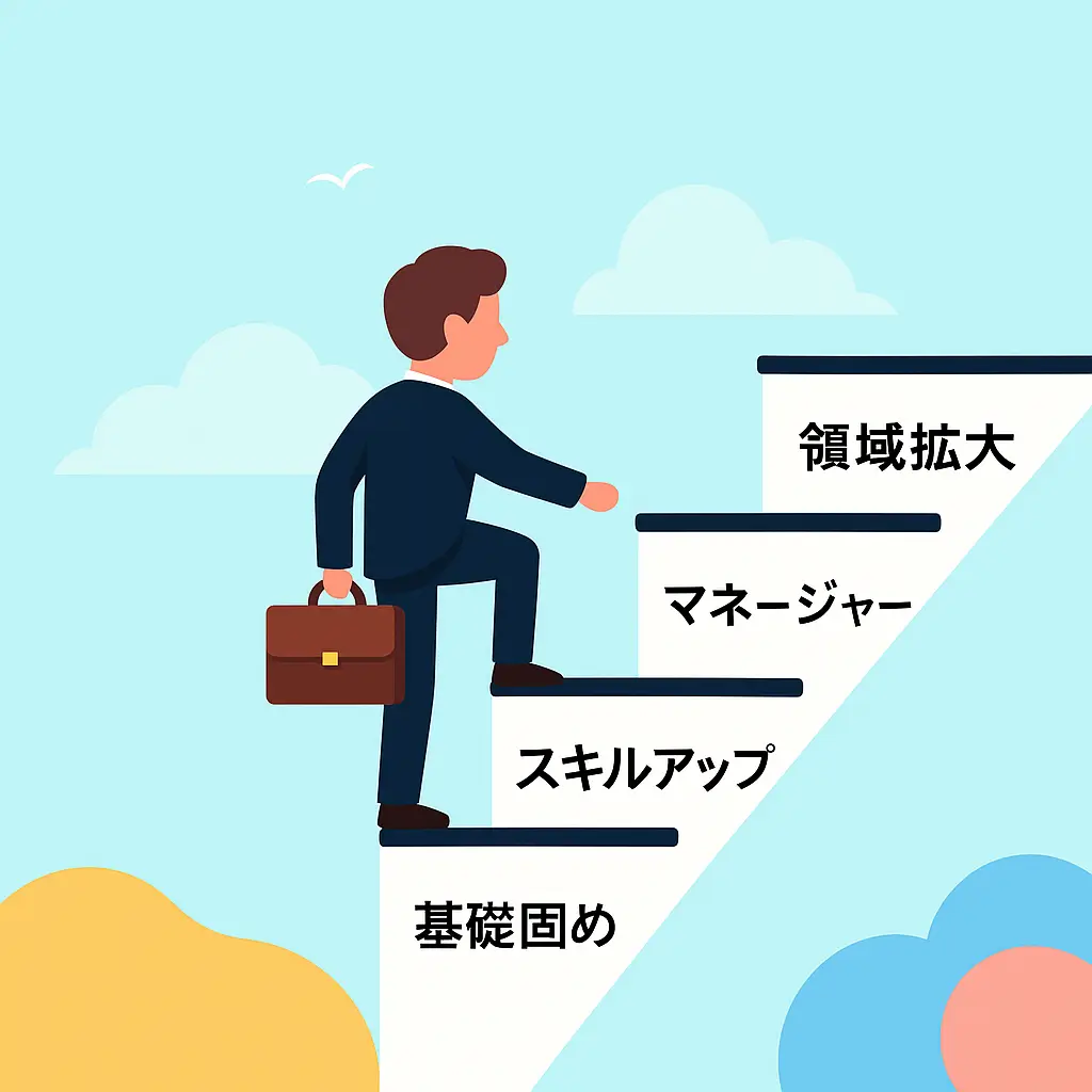 キャリアステップ:基礎固め、スキルアップ、マネージャー、領域拡大を登るビジネスパーソン